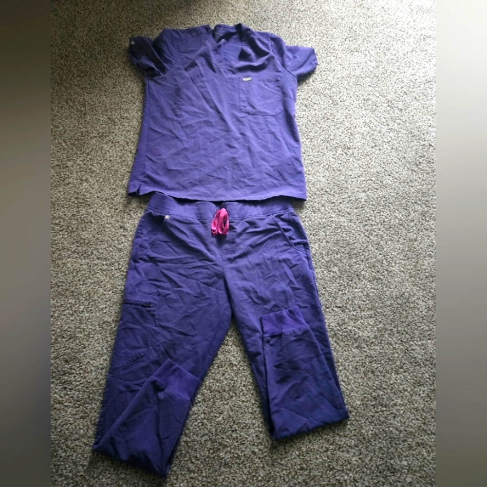 Figs Women's Purple Scrub Top and Pants Set with Pink Drawstring